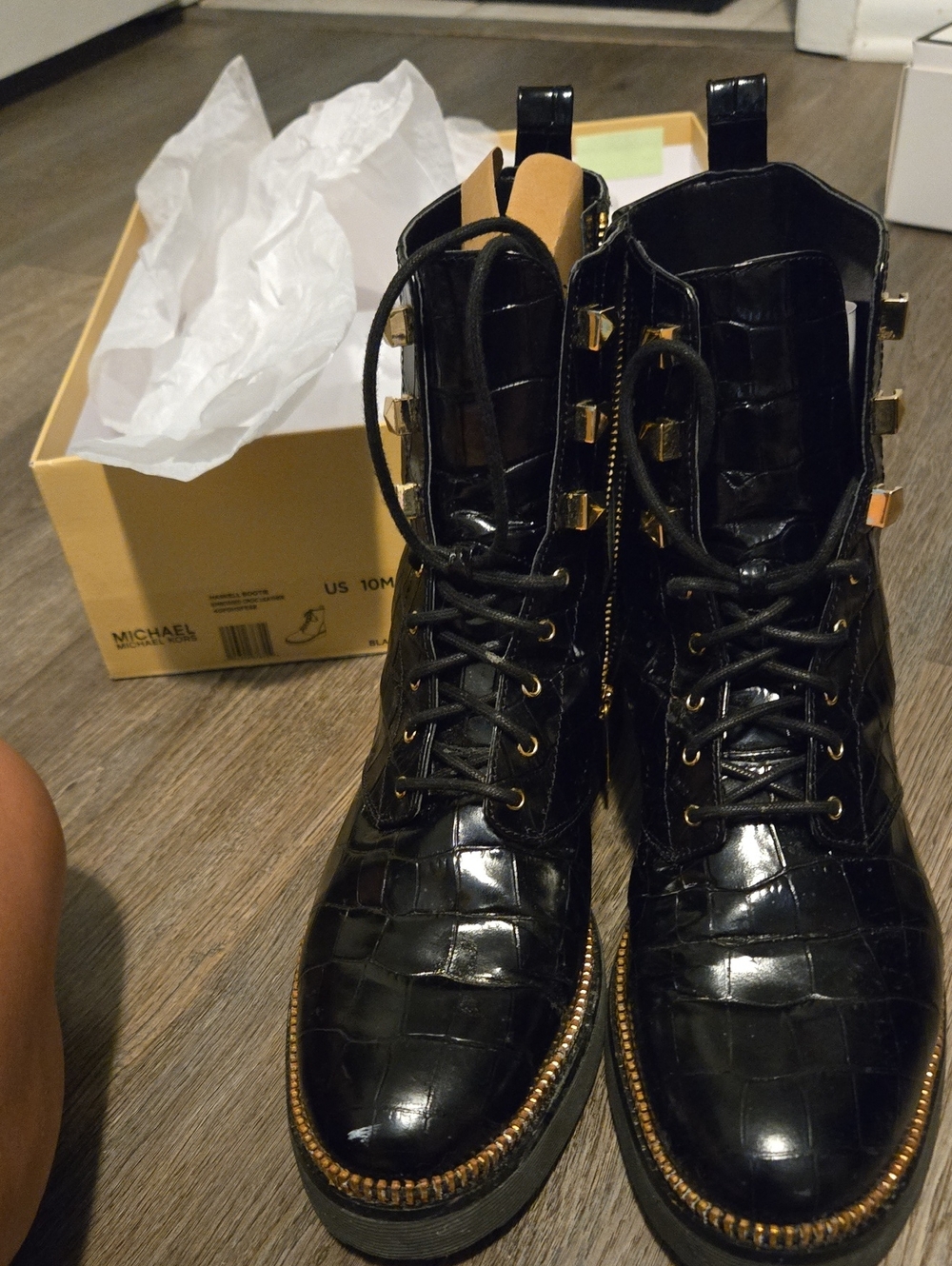 Michael Kors Black Croc-Embossed Lace-Up Combat Boots with Gold Accents